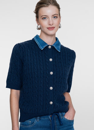Geisha cardigan met denim kraag Navy/Denim