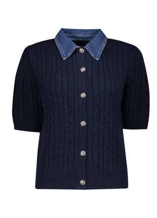 Geisha cardigan met denim kraag Navy/Denim