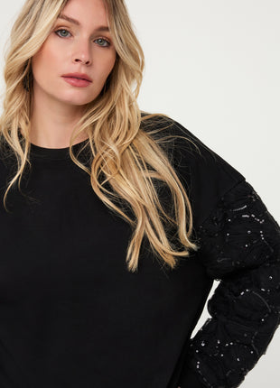Trui Flower mesh sleeve W26.05709 Black - Esqualo