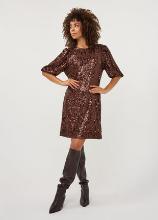Jurk Balloon sleeve sequins W26.08707 Coffee - Esqualo
