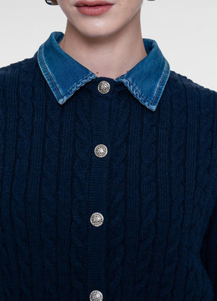 Geisha cardigan met denim kraag Navy/Denim