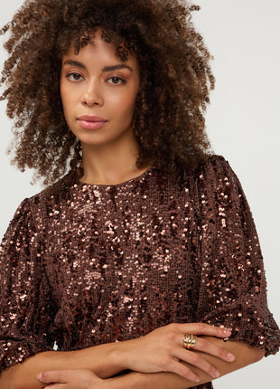 Top Balloon sleeve sequins W26.08708 Coffee - Esqualo