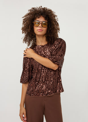 Top Balloon sleeve sequins W26.08708 Coffee - Esqualo