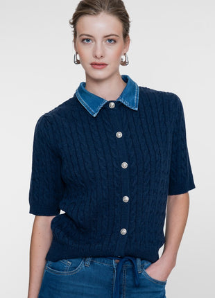 Geisha cardigan met denim kraag Navy/Denim