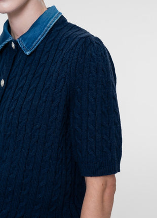 Geisha cardigan met denim kraag Navy/Denim
