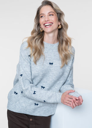 Geisha Pullover embro bowtie grey navy - Lou Lou