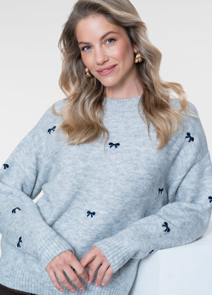 Geisha Pullover embro bowtie grey navy - Lou Lou
