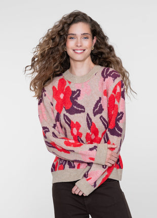 Geisha Pullover flowers sand red port - Lou Lou