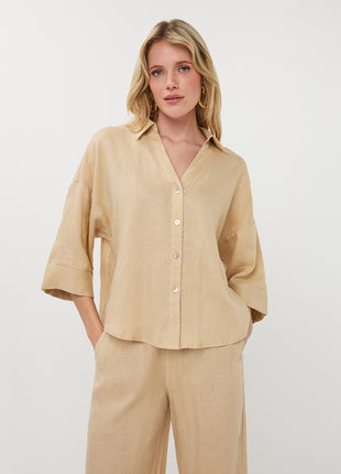 Bluse - Turn-up Leinen - Sand - HS26.28234