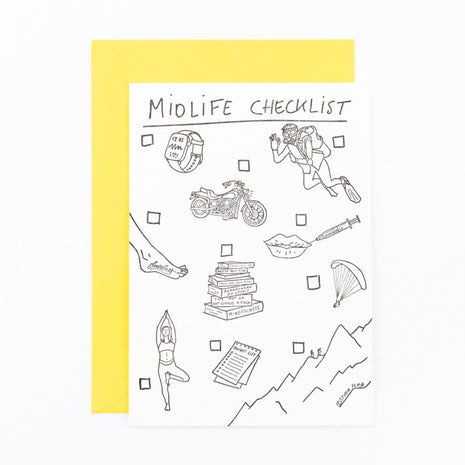 Studio Flash letterpress wenskaart Midlife checklist
