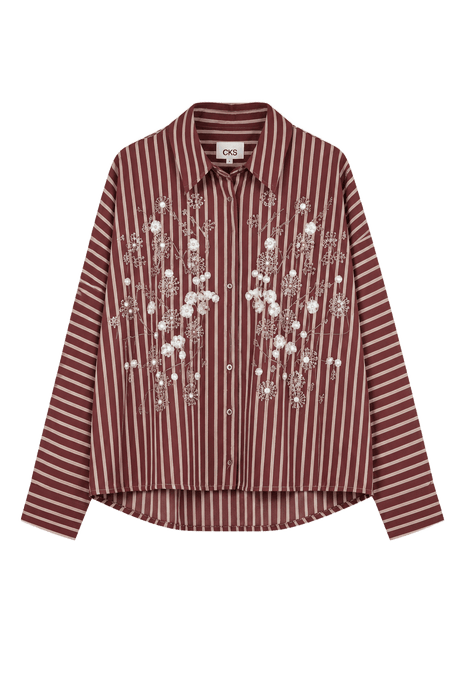 CKS hemdblouse Shelma in donkerbruin met roze strepen