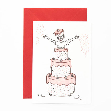 Studio Flash letterpress wenskaart Jumping out of a cake
