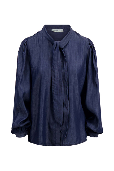 Denim blouse met strik – donkere denim - Navy / 36/S - Kleding - Jeans