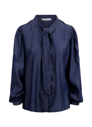 Denim blouse met strik – donkere denim - Navy / 40/L - Kleding - Jeans