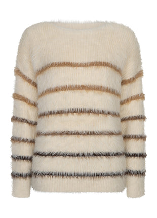 Red Button Fuzzy Sweater & Stripe SRB5118 Creme/Brown