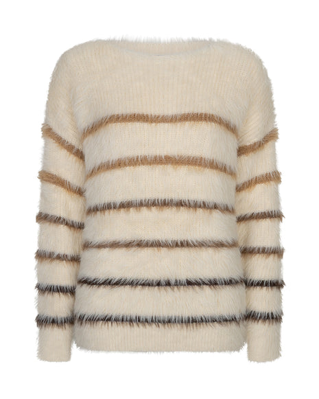 Red Button Fuzzy Sweater & Stripe SRB5118 Creme/Brown