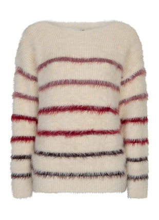 Red Button Fuzzy Sweater & Stripe SRB5118 Creme/Burgundy