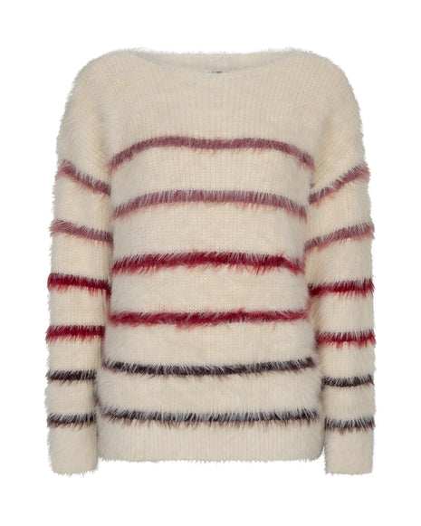 Red Button Fuzzy Sweater & Stripe SRB5118 Creme/Burgundy