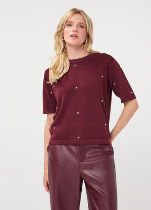 Esqualo trui met studs en korte mouw in merlot