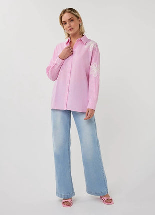 Blouse striped flower patch - SP26.14028 - White / Pink by Esqualo