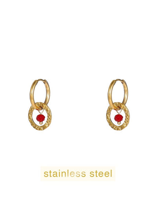 Oorbellen - Double Round Bead Hoop - 14K + burgundy