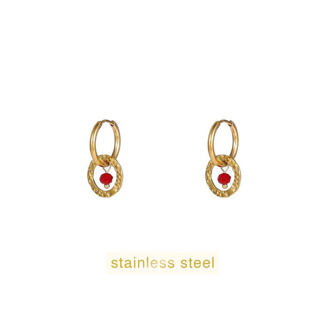 Oorbellen - Double Round Bead Hoop - 14K + burgundy