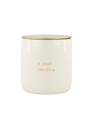 Geurkaars keramiek - ’ik denk aan jou’ - 10x10cm - wit/goud - Lifestyle - In huis - Kaarsen - In een pot