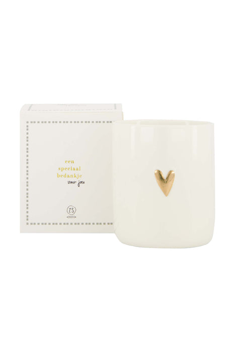 Geurkaars keramiek in doosje - ’bedankt’ - wit/goud/grijsblauw - Cadeautjes & Lifestyle