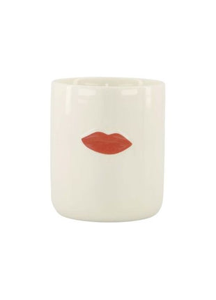 Geurkaars - keramiek - Lippen - 8x9cm wit/rood - Lifestyle - In huis - Kaarsen - In een pot