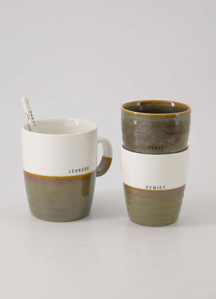 Koffiemok ’geniet’ wit/donkergroen Cadeau’s & Lifestyle Keuken & eetkamer Mokken & Bekers