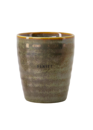 Koffiemok ’geniet’ wit/donkergroen Cadeau’s & Lifestyle Keuken & eetkamer Mokken & Bekers