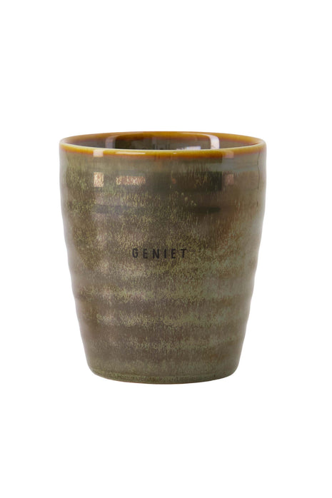 Koffiemok ’geniet’ wit/donkergroen Cadeau’s & Lifestyle Keuken & eetkamer Mokken & Bekers