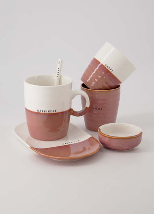 Koffiemok ’happy’ wit/burgundy Cadeau’s & Lifestyle Keuken & eetkamer Mokken & Bekers
