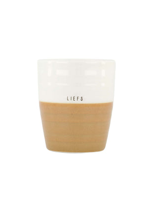 Koffiemok - liefs - wit/oker (0703-187) - Lifestyle - Koken & Tafelen - Servies - Mokken & Bekers