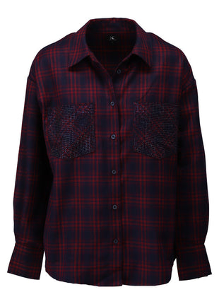 Oversized tartan blouse met studs - B791 - Red - Kleding - Blouses