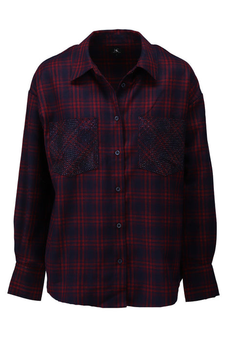 Oversized tartan blouse met studs - B791 - Red - Kleding - Blouses