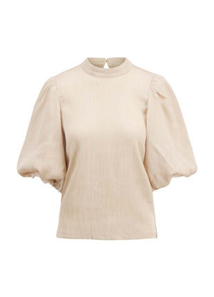 Plisse top met pofmouw – beige - Beige / 36/S - Kleding - Blouses