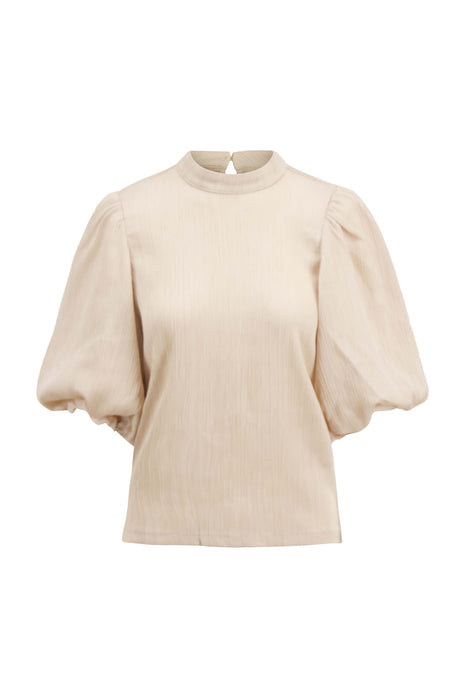 Plisse top met pofmouw – beige - Beige / 36/S - Kleding - Blouses