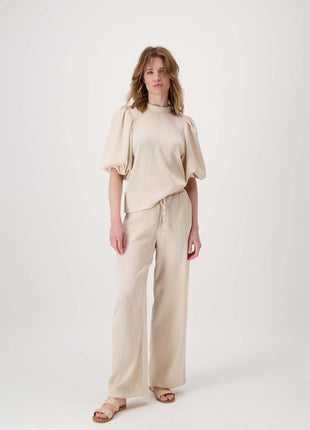 Plisse top met pofmouw – beige - Kleding - Blouses