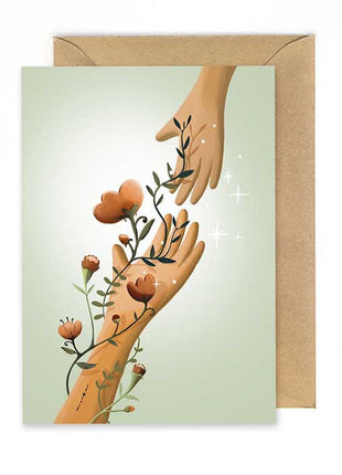 Wenskaart - Bloemenhanden voor steun en troost met mooie illustratie van handen en bloemen, perfect voor troost.