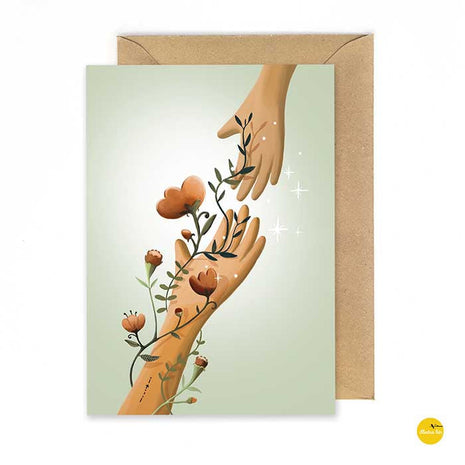 Wenskaart - Bloemenhanden voor steun en troost met mooie illustratie van handen en bloemen, perfect voor troost.