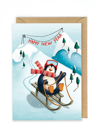 Wenskaart - Happy New Year (pinguin op slee) - Lifestyle - Van papier - Wenskaarten