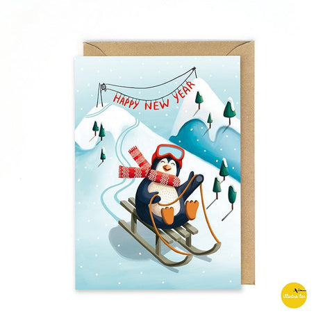 Wenskaart - Happy New Year (pinguin op slee) - Lifestyle - Van papier - Wenskaarten