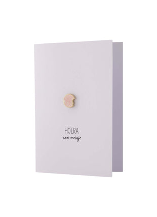 Wenskaart - ’hoera een meisje’ - broche - wit/roze - Lifestyle - Van papier - Wenskaarten - Geboorte