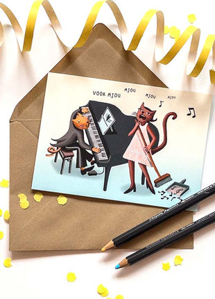 Wenskaart - Voor Mjou mjou mjou - piano katten - Lifestyle - Van papier - Wenskaarten