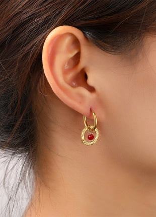 Oorbellen - Double Round Bead Hoop - 14K + burgundy